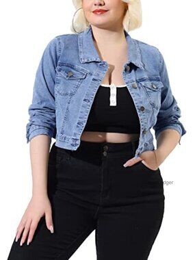 Plus Size Cropped Denim Jacket Button Closed Stitching Travel